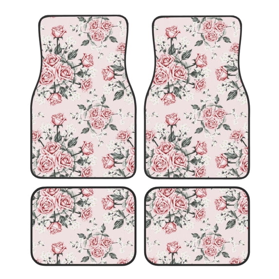Balery Rose Flowers Pattern 4-Piece Floor Mats, Heavy-Duty Rubber Liners, Anti-Slip Design, All-Season Automotive Protection, Vehicles, Cars, Trucks, and SUVs