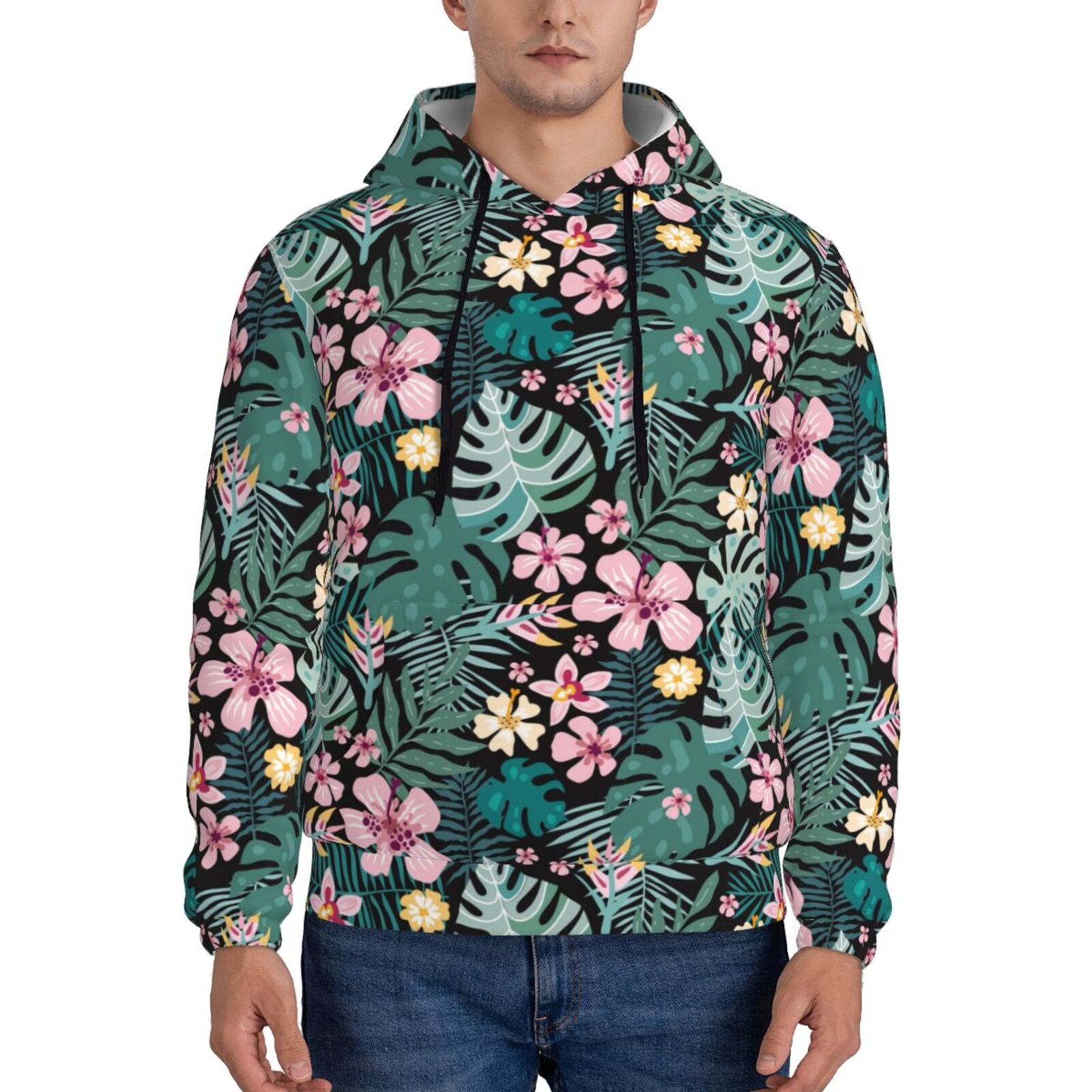 Balery Rose Flowers Pattern Mens Hoodie Kangaroo Pocket Hoodie Pullover