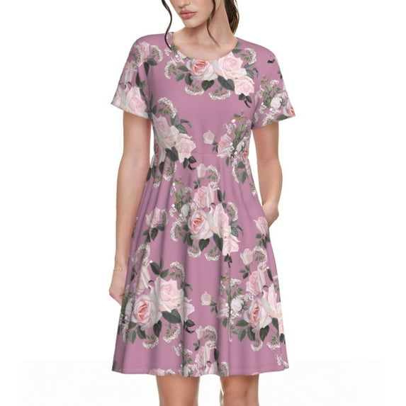 Balery Rose Flowers Pattern Womens Dresses Loose Short sleeve Sundresses Swimsuit Coverup 2025 Summer Casual Dress for Women - A-Line Swing Dress
