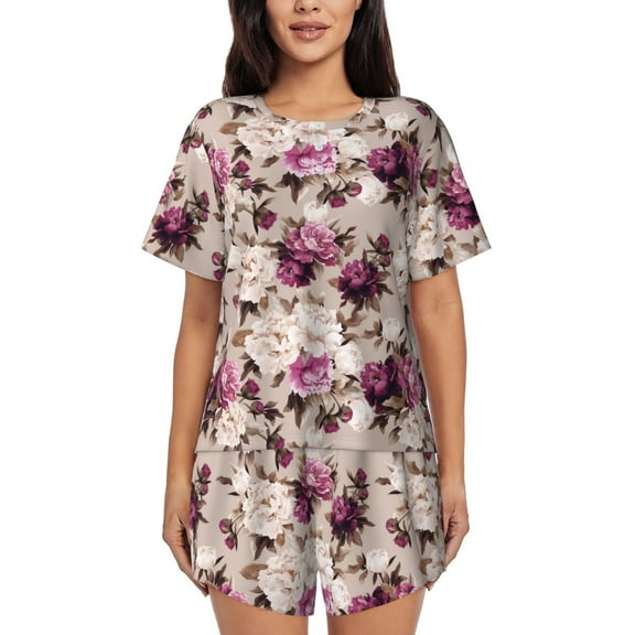 Balery Rose Flowers Pattern Womens Pajama Sets 2 Piece Soft Short Sleeve Top and Shorts Sleepwear Round Neck Pjs Lounge Set with Pockets-3X-Large