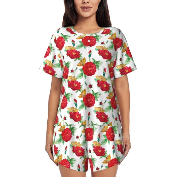 Balery Rose Flowers Pattern Womens Pajama Sets 2 Piece Soft Short Sleeve Top and Shorts Sleepwear Round Neck Pjs Lounge Set with Pockets-Medium