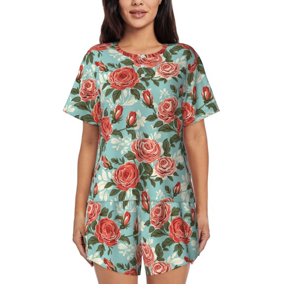 Balery Rose Flowers Pattern Womens Pajama Sets 2 Piece Soft Short Sleeve Top and Shorts Sleepwear Round Neck Pjs Lounge Set with Pockets-Medium