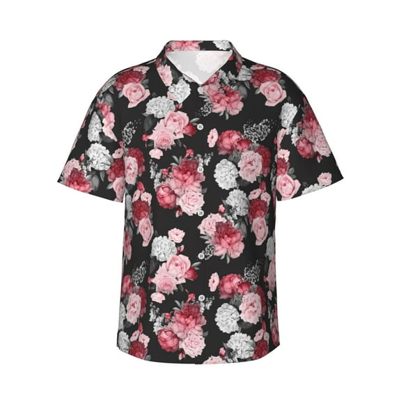 Balery Rose Flowers Print Men's Hawaiian Shirts Short Sleeve Beach Shirt Relaxed Fit Vacation Button Down Shirts-Large