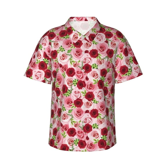 Balery Rose Flowers Print Men's Hawaiian Shirts Short Sleeve Beach Shirt Relaxed Fit Vacation Button Down Shirts-Medium