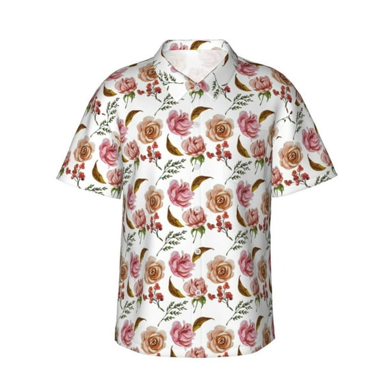 Balery Rose Flowers Print Men's Hawaiian Shirts Short Sleeve Beach Shirt Relaxed Fit Vacation Button Down Shirts-Medium