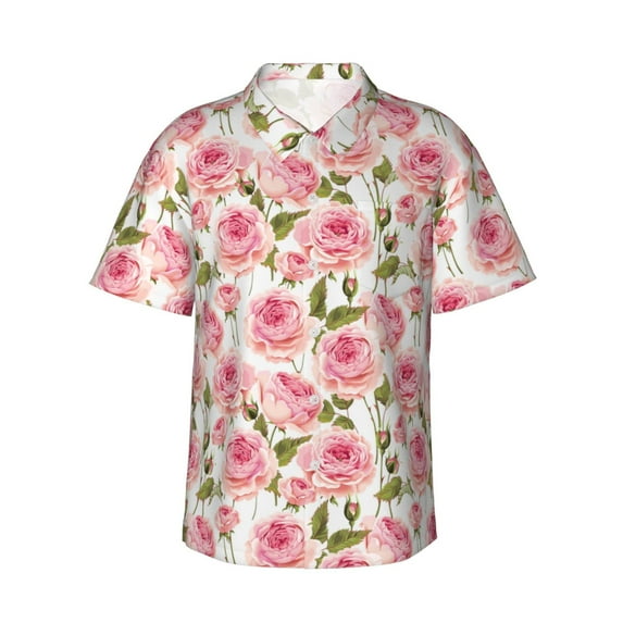 Balery Rose Flowers Print Men's Hawaiian Shirts Short Sleeve Beach Shirt Relaxed Fit Vacation Button Down Shirts-XX-Large