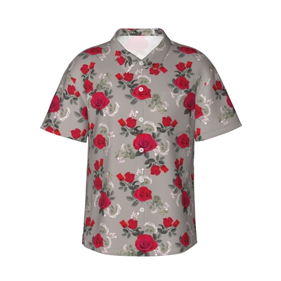 Balery Rose Flowers Print Men's Hawaiian Shirts Short Sleeve Beach Shirt Relaxed Fit Vacation Button Down Shirts-