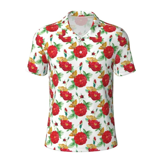 Balery Rose Flowers Printed Men’s Short Sleeve Polo Shirt, Midweight Men's Shirt,Golf Polo shirts -4X-Large