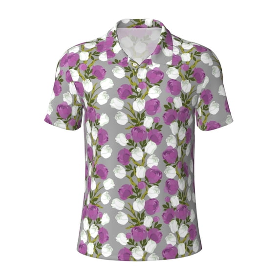 Balery Rose Flowers Printed Men’s Short Sleeve Polo Shirt, Midweight Men's Shirt,Golf Polo shirts -Medium