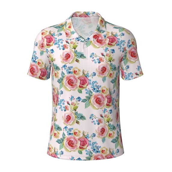 Balery Rose Flowers Printed Men’s Short Sleeve Polo Shirt, Midweight Men's Shirt,Golf Polo shirts -Small