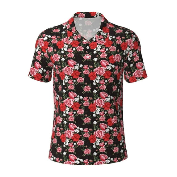Balery Rose Flowers Printed Men’s Short Sleeve Polo Shirt, Midweight Men's Shirt,Golf Polo shirts -X-Large