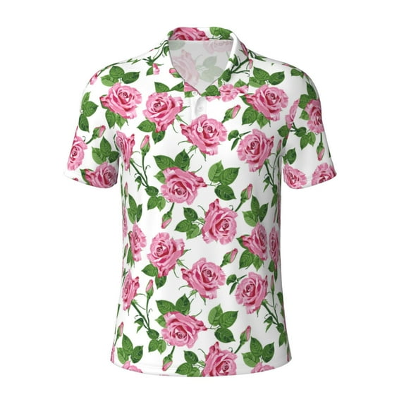 Balery Rose Flowers Printed Men’s Short Sleeve Polo Shirt, Midweight Men's Shirt,Golf Polo shirts -XX-Large