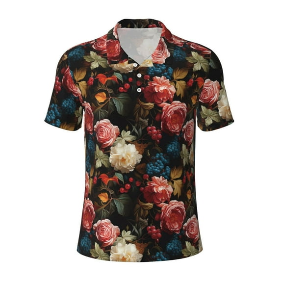 Balery Rose Flowers Printed Men’s Short Sleeve Polo Shirt, Midweight Men's Shirt,Golf Polo shirts -XX-Large