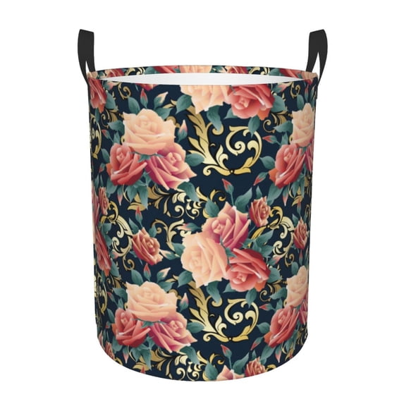Balery Rose Flowers Round Laundry Basket with Handles Waterproof Freestanding Laundry Hamper for Clothes Toys in the Dorm and Family-Medium
