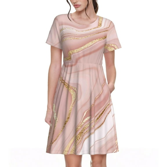 Balery Rose Gold Glitter Splatter Pattern Womens Dresses Loose Short sleeve Sundresses Swimsuit Coverup 2025 Summer Casual Dress for Women - A-Line Swing Dress