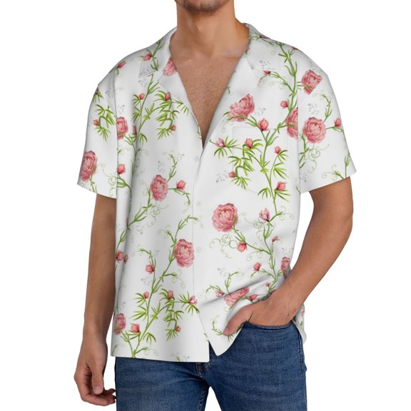 Balery Roses Flowers Men's Casual Button Down Shirt Short Sleeve Textured Summer Cuban Beach Shirts-XX-Large