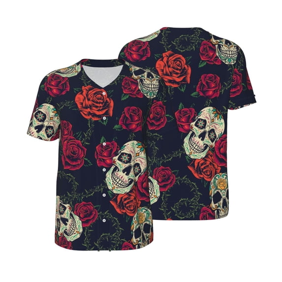 Balery Roses Skulls Baseball Jersey for Men Casual Button Down Shirts Short Sleeve Active Team Sports Uniform-XX-Large