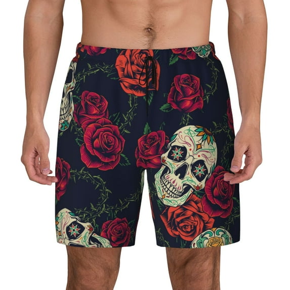 Balery Roses Skulls Mens Swim Trunks Swim Shorts for Men Quick Dry Inseam Beach Shorts with Compression Liner Pocket-Medium