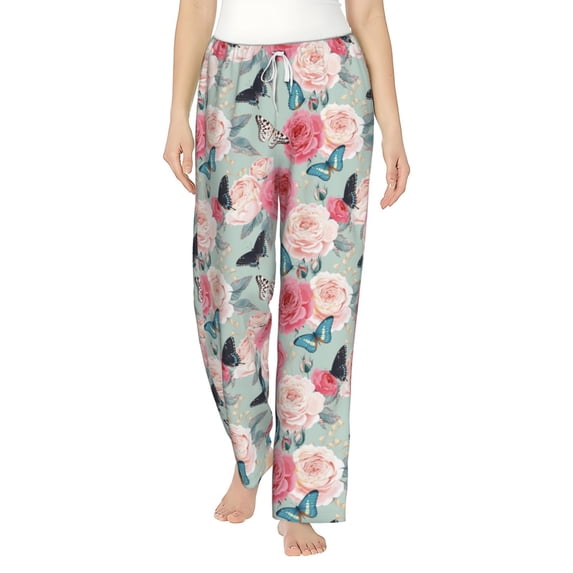 Balery Roses and Butterflies print Women's Pajama Pants,Ultra Lightweight Pjs,Lounge Pant-Small