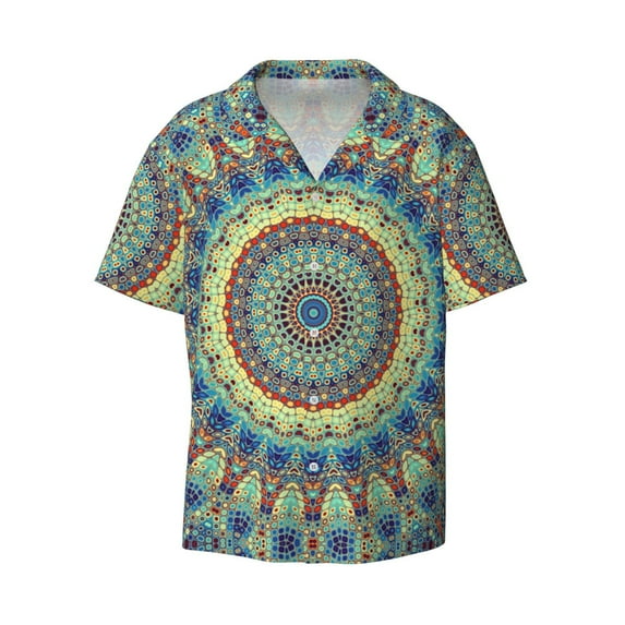 Balery Round Mandala1 Men's Casual Button Down Shirt Short Sleeve Textured Summer Cuban Beach Shirts-XX-Large