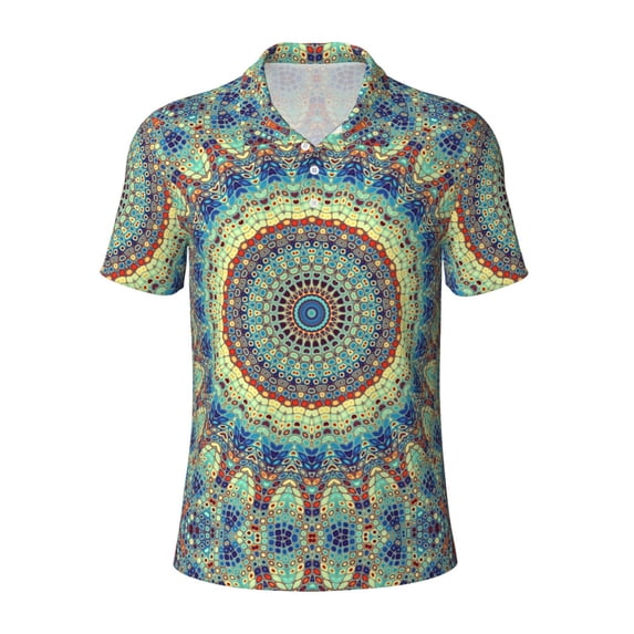 Balery Round Mandala1 Printed Men’s Short Sleeve Polo Shirt, Midweight Men's Shirt,Golf Polo shirts -Large