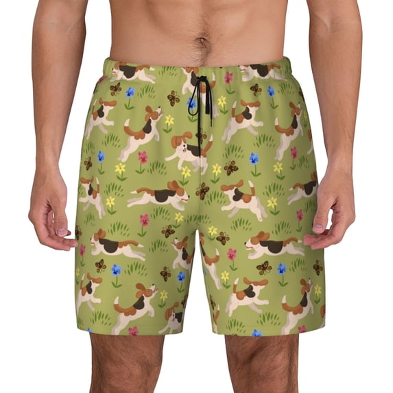 Balery Running Beagle Mens Swim Trunks Swim Shorts for Men Quick Dry Inseam Beach Shorts with Compression Liner Pocket-Large