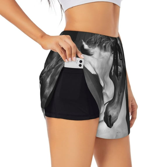 Balery Running horses Pattern Women's Running Shorts with Liner 2 Pockets Elastic Workout Athletic Gym Yoga Shorts-X-Large