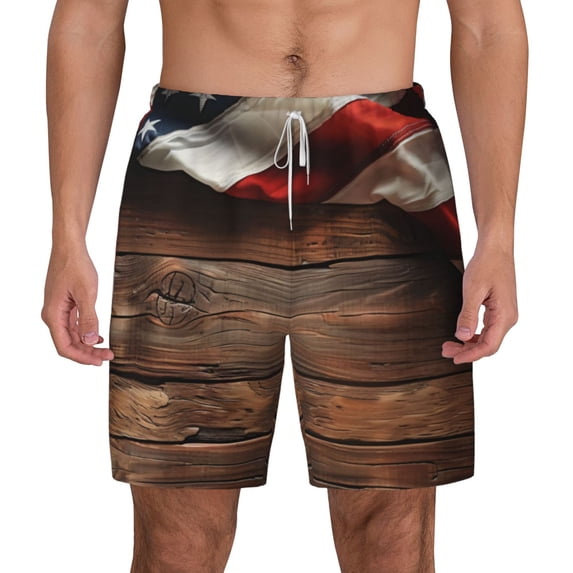 Balery Rustic American Flag Wood Mens Swim Trunks Swim Shorts for Men Quick Dry Inseam Beach Shorts with Compression Liner Pocket-X-Large
