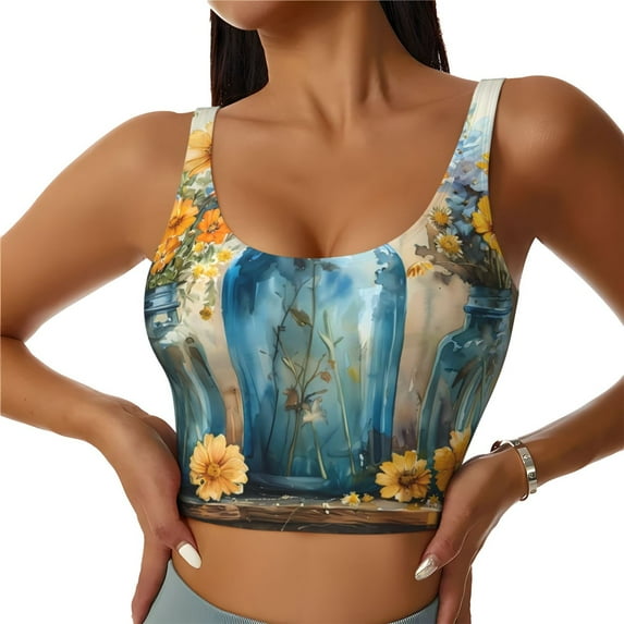Balery Rustic Blue Vase Blossoms Pattern Racerback Sports Bras for Women - Padded Seamless High Impact Support for Yoga Gym Workout Fitness-XX-Large