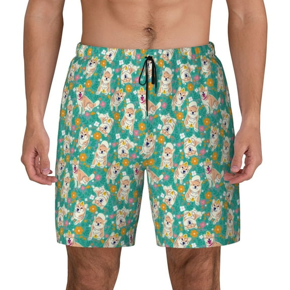 Balery SHIBA WITH FLORAL Mens Swim Trunks Swim Shorts for Men Quick Dry Inseam Beach Shorts with Compression Liner Pocket-Medium