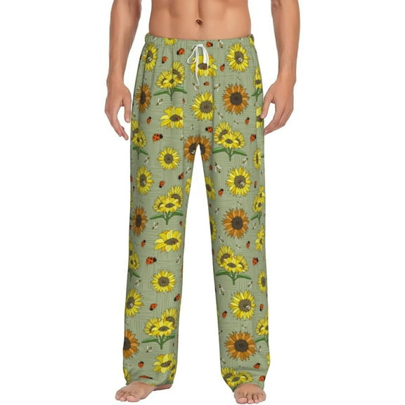 Balery Sage Green With Sunflowers print Men's Pajama Pants,Ultra Lightweight Pjs,Lounge Pant-Medium