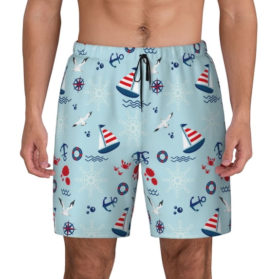 Balery Sailboats Anchors Mens Swim Trunks Swim Shorts for Men Quick Dry Inseam Beach Shorts with Compression Liner Pocket-XX-Large
