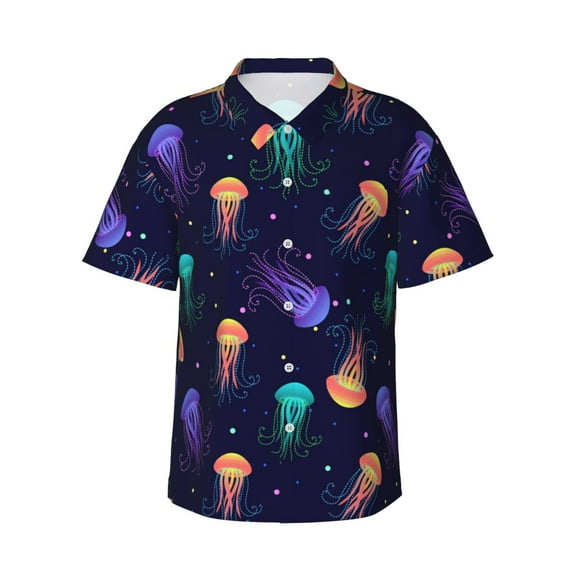 Balery Sea Jellyfish Print Men's Hawaiian Shirts Short Sleeve Beach Shirt Relaxed Fit Vacation Button Down Shirts-Small