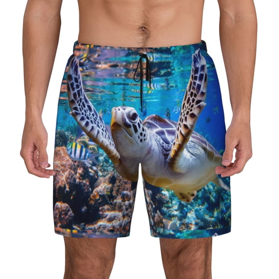 Balery Sea Turtle Swims Mens Swim Trunks Swim Shorts for Men Quick Dry Inseam Beach Shorts with Compression Liner Pocket-3X-Large