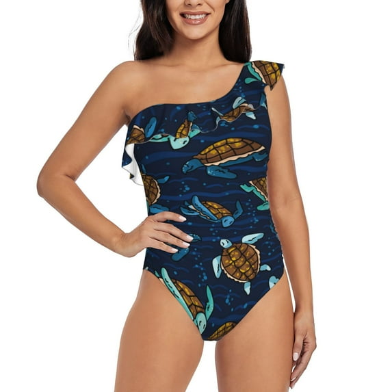 Balery Sea Turtles Swimming One Shoulder Swimsuits for Women Ruffle Swimsuits Tummy Control One Shoulder Bathing Suits-X-Large