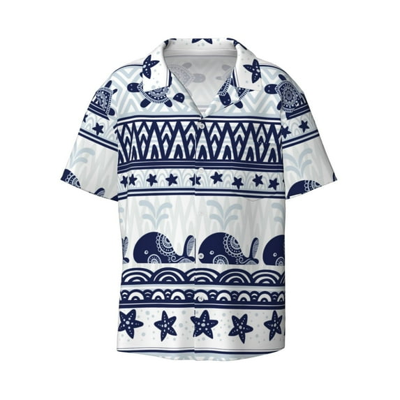 Balery Sea Underwater Animals1 Men's Casual Button Down Shirt Short Sleeve Textured Summer Cuban Beach Shirts-Large