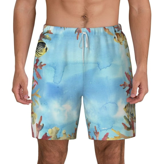 Balery Sea and Fish Mens Swim Trunks Swim Shorts for Men Quick Dry Inseam Beach Shorts with Compression Liner Pocket-Small