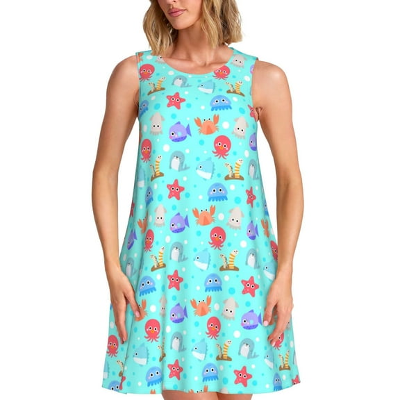 Balery Sea animals Pattern Women’s Summer Dresses – Loose Sleeveless Sundress, Casual and Comfortable Beach Dress for Hot Days