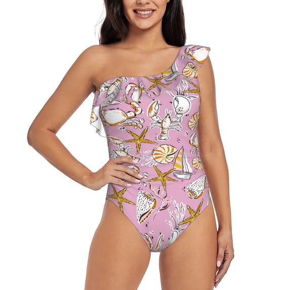 Balery Seafood One Shoulder Swimsuits for Women Ruffle Swimsuits Tummy Control One Shoulder Bathing Suits-Medium