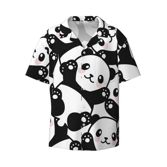 Balery Seamless Pattern Cute Panda Men's Casual Button Down Shirt Short Sleeve Textured Summer Cuban Beach Shirts-XX-Large