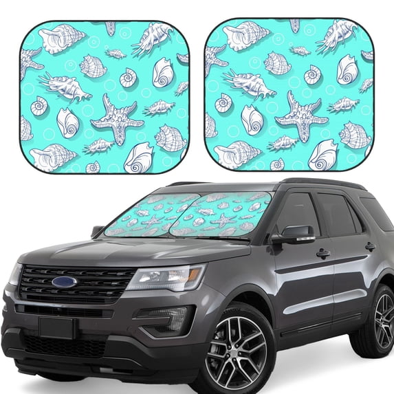 Balery 2 Piece Seashell And Starfish Car Windshield Sun Shade|Foldable Front Windshield Shade for Car Front Window for Most Sedans SUV Truck-Medium