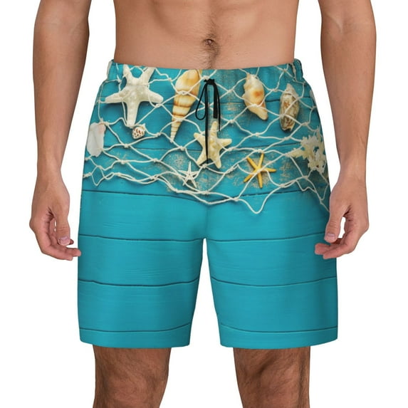 Balery Seashells And Fishing Net On Blue Wooden Table Mens Swim Trunks Swim Shorts for Men Quick Dry Inseam Beach Shorts with Compression Liner Pocket-X-Large