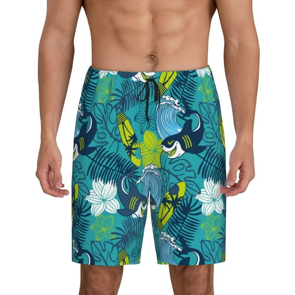 Balery Shark And Leaves Men's Cotton Knit Pajama Shorts Waistband & Pockets,Short Pajama Pants-Large