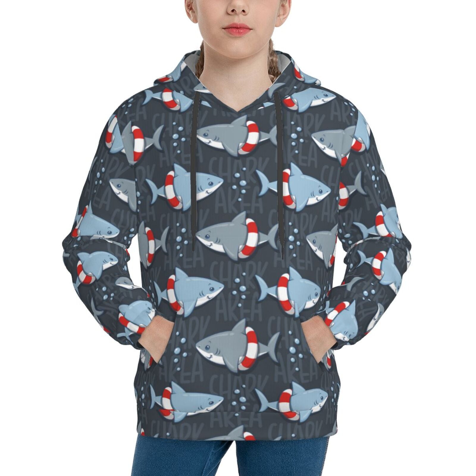 Balery Shark Wearing Swim Ring Pattern Boys Hoodie, Youth Pullover