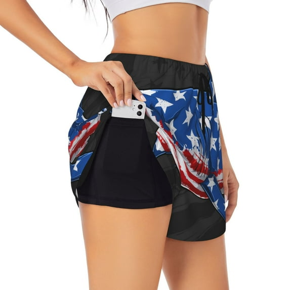 Balery Shark With USA Flag Pattern Women's Running Shorts with Liner 2 Pockets Elastic Workout Athletic Gym Yoga Shorts-Large