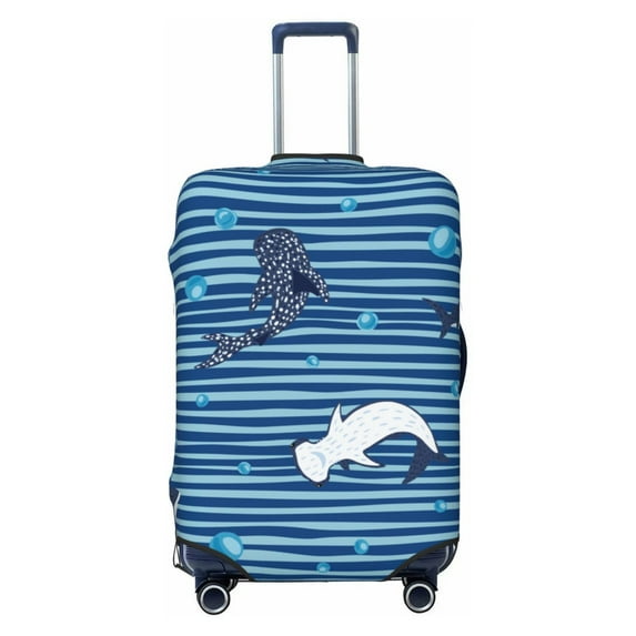Balery Sharks On White Blue Striped Luggage Cover Protector, Scratch And Dirt Resistant, Fits 18-32 Inch Luggage - Medium