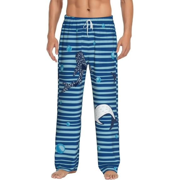 Balery Sharks on White Blue Striped print Men's Pajama Pants,Ultra Lightweight Pjs,Lounge Pant-Medium