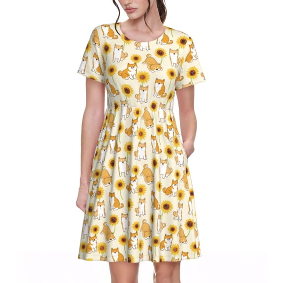 Balery Shiba Inu Sunflower Pattern Womens Dresses Loose Short sleeve Sundresses Swimsuit Coverup 2025 Summer Casual Dress for Women - A-Line Swing Dress