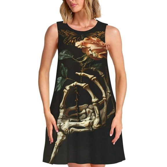 Balery Skeleton Hand Rose Butterfly Pattern Women’s Summer Dresses – Loose Sleeveless Sundress, Casual and Comfortable Beach Dress for Hot Days
