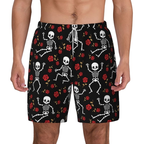Balery Skeleton with Roses Mens Swim Trunks Swim Shorts for Men Quick Dry Inseam Beach Shorts with Compression Liner Pocket-XX-Large